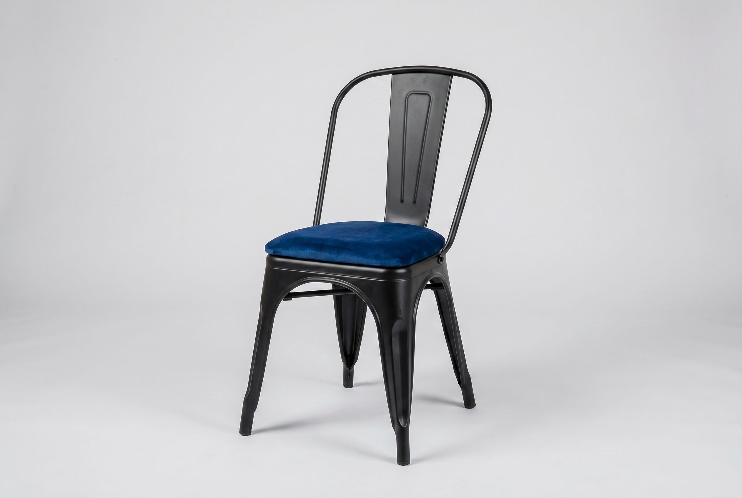 Restaurant Bistro Stuhl aus Stahl Stool Velours mit Sitzpolster Samt Blau