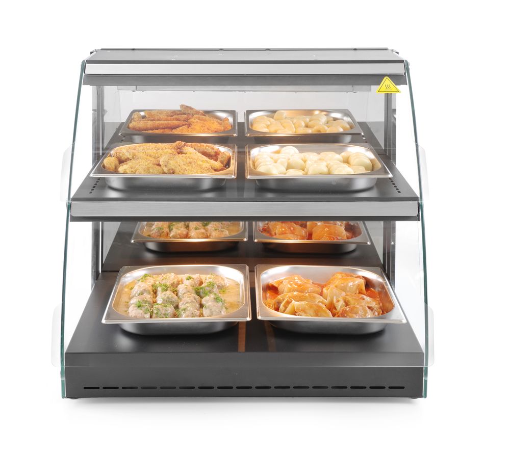 Warmhaltevitrine mit Quarzheizung  2 Regalböden    230V/560W  650x485x(H)630mm-ING11660