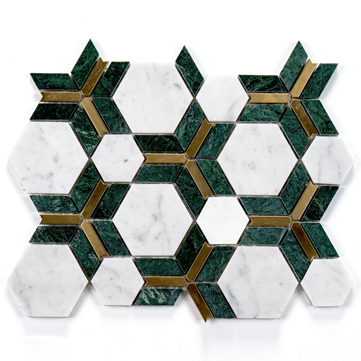 Marmormosaik mit Aluminium Hexagon‑Design Grün 250×330×8 mm