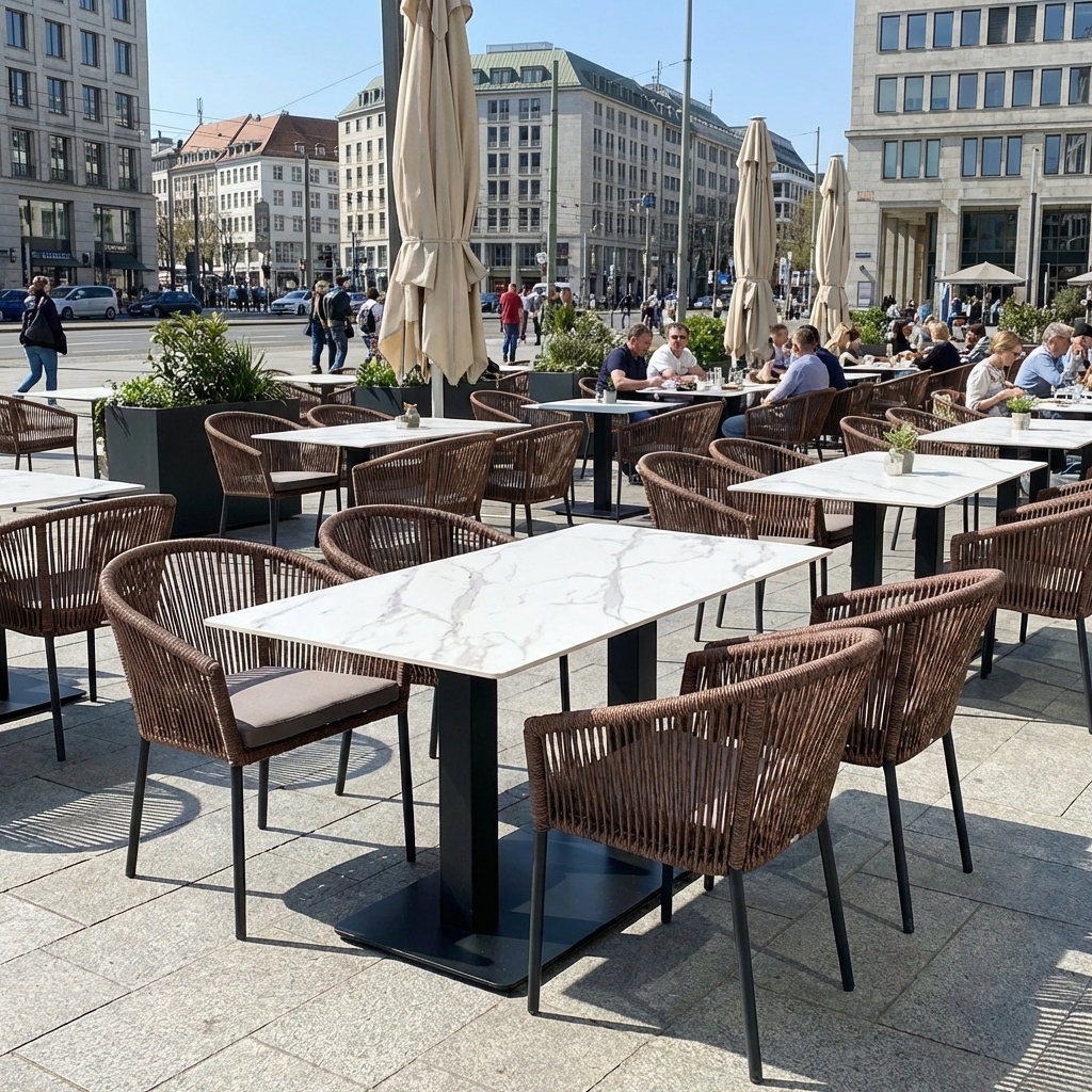 Outdoor Tisch Catania 120x70cm Marmor Optik Weiss Compact HPL Tischplatte