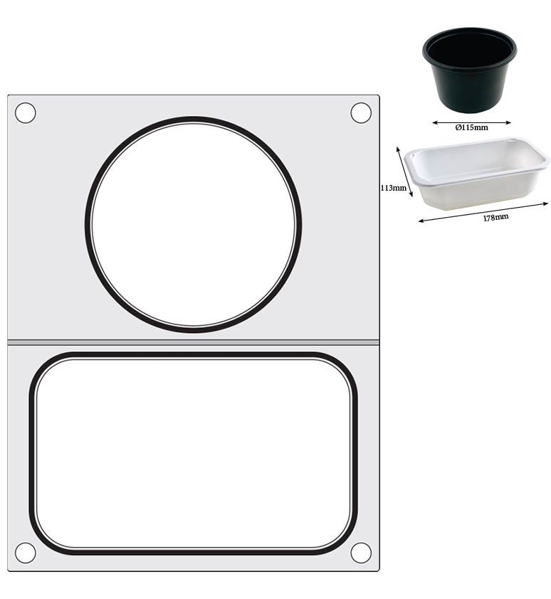 Matrize für Versiegelungsmaschine    zwei Behälter (1x 178x113 mm  1x ø115 mm)-ING11297