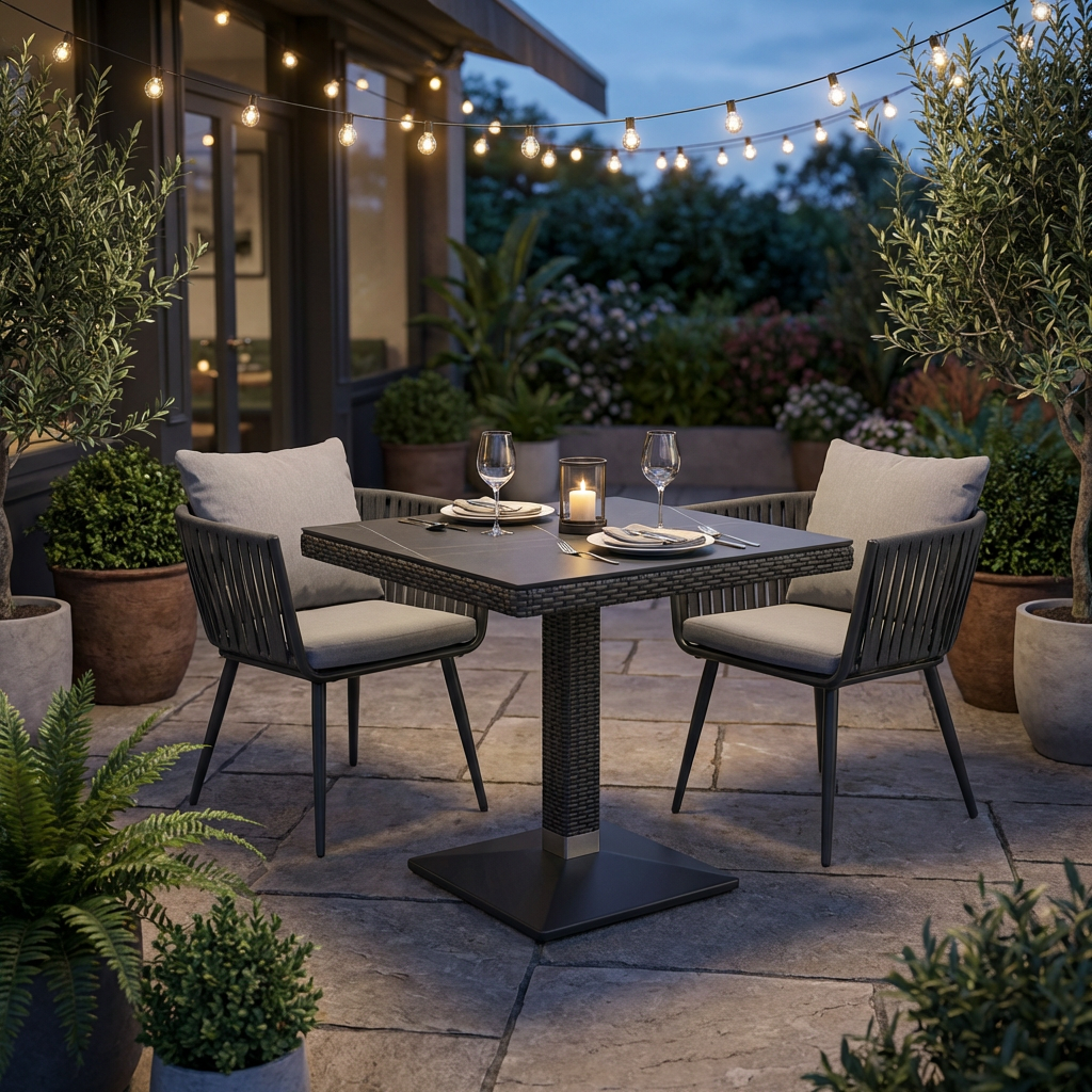 Outdoor Tisch 70x70cm Polyrattan Dunkelbraun Verona Marmor Optik