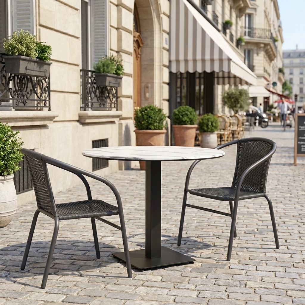Outdoor Tisch Rund Catania in 60cm Marmor Optik Weiss Compact HPL Tischplatte