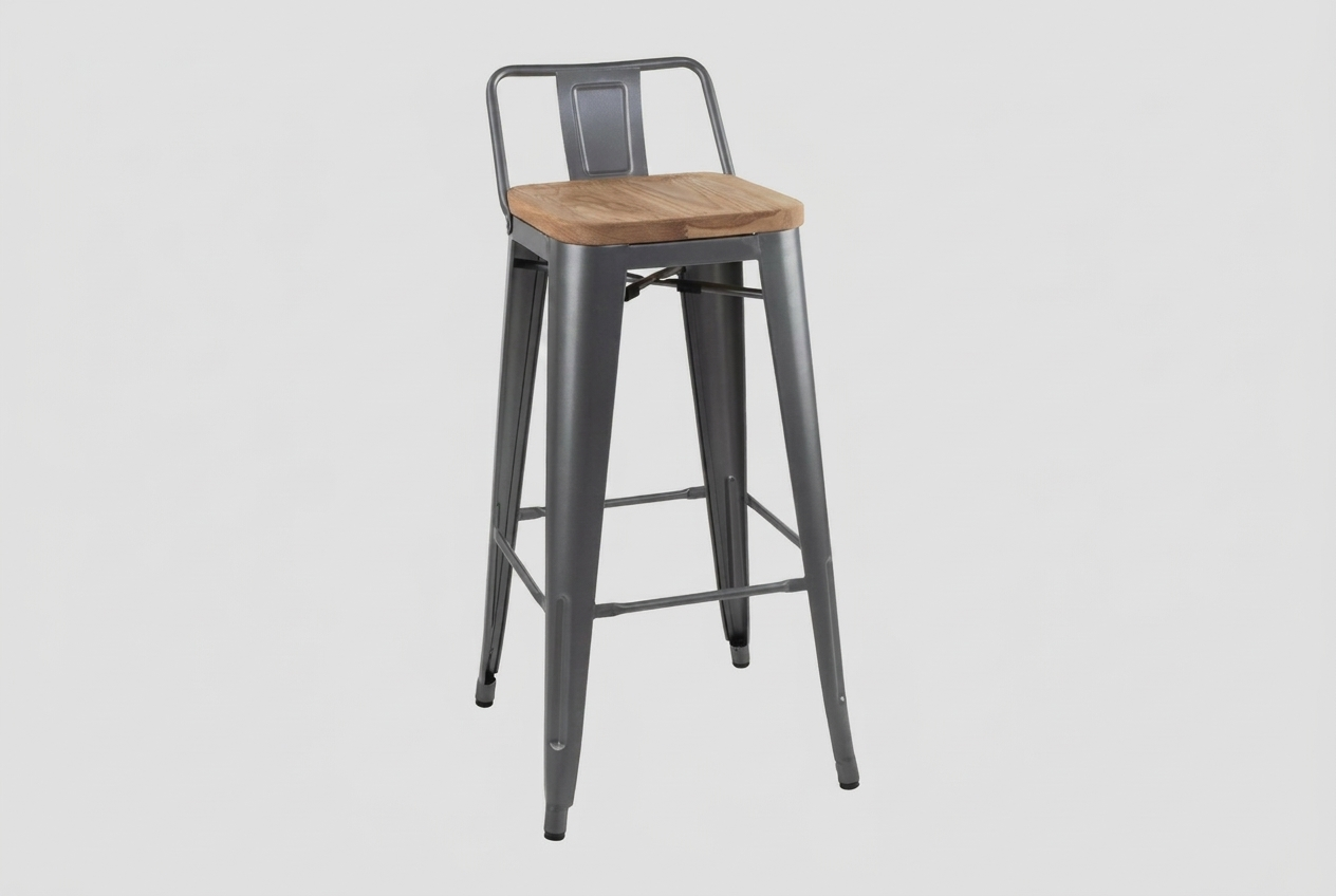 Barhocker Stella aus Stahl mit Rückenlehne Holzsitz Grau