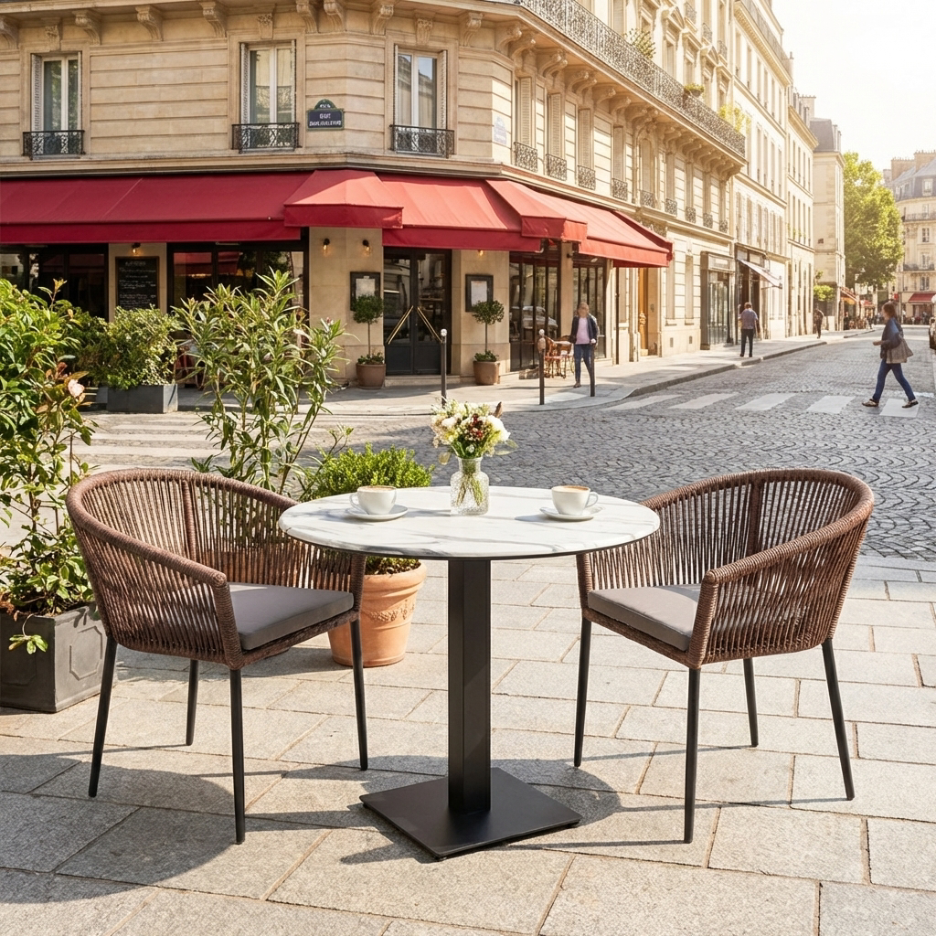 Outdoor Tisch Rund Catania in 60cm Marmor Optik Weiss Compact HPL Tischplatte