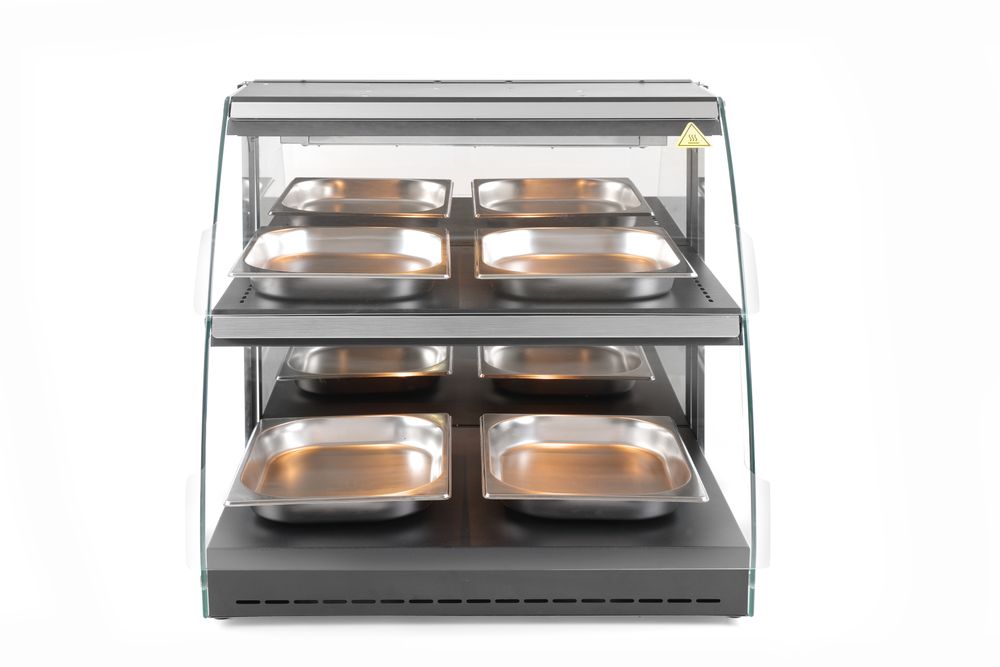 Warmhaltevitrine mit Quarzheizung  2 Regalböden    230V/560W  650x485x(H)630mm-ING11660